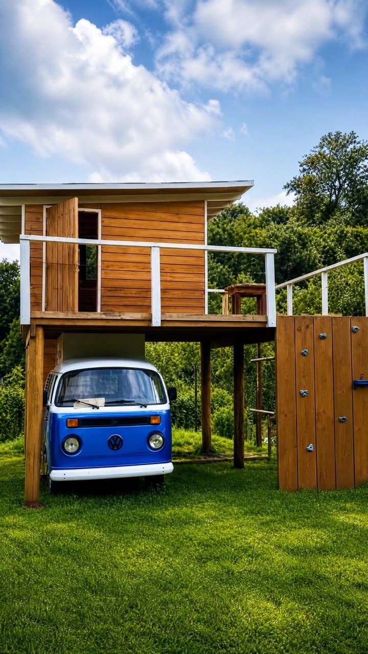 Kombi azul diante de um chalé de madeira em meio ao gramado