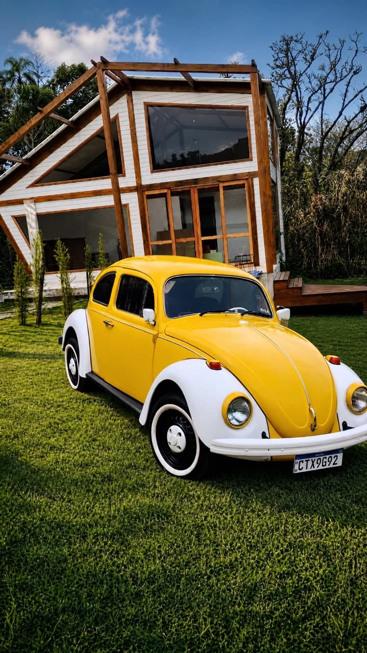 Fusca amarelo diante de um chalé em meio à natureza