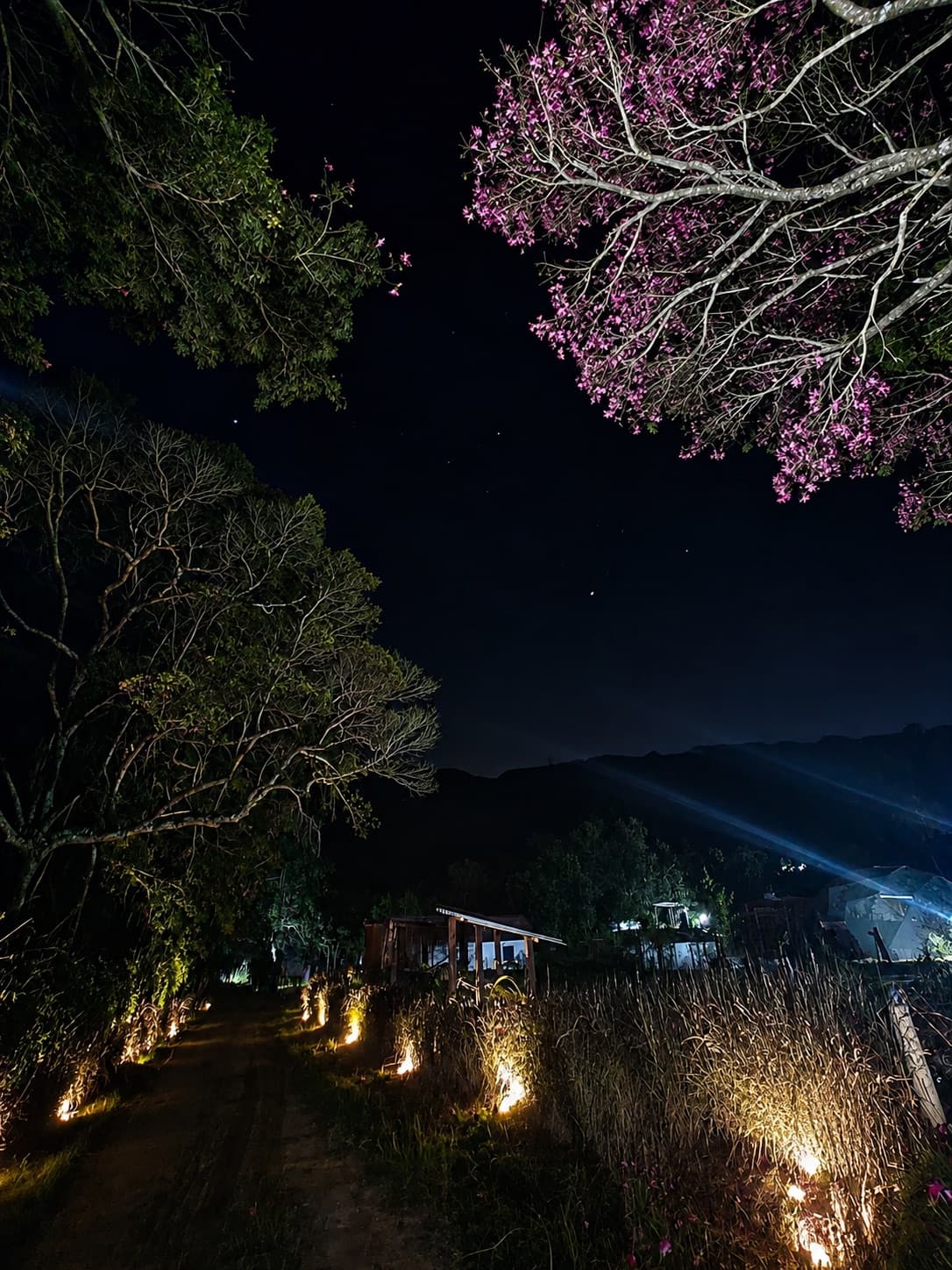 Caminho iluminado do espaço sob o céu noturno